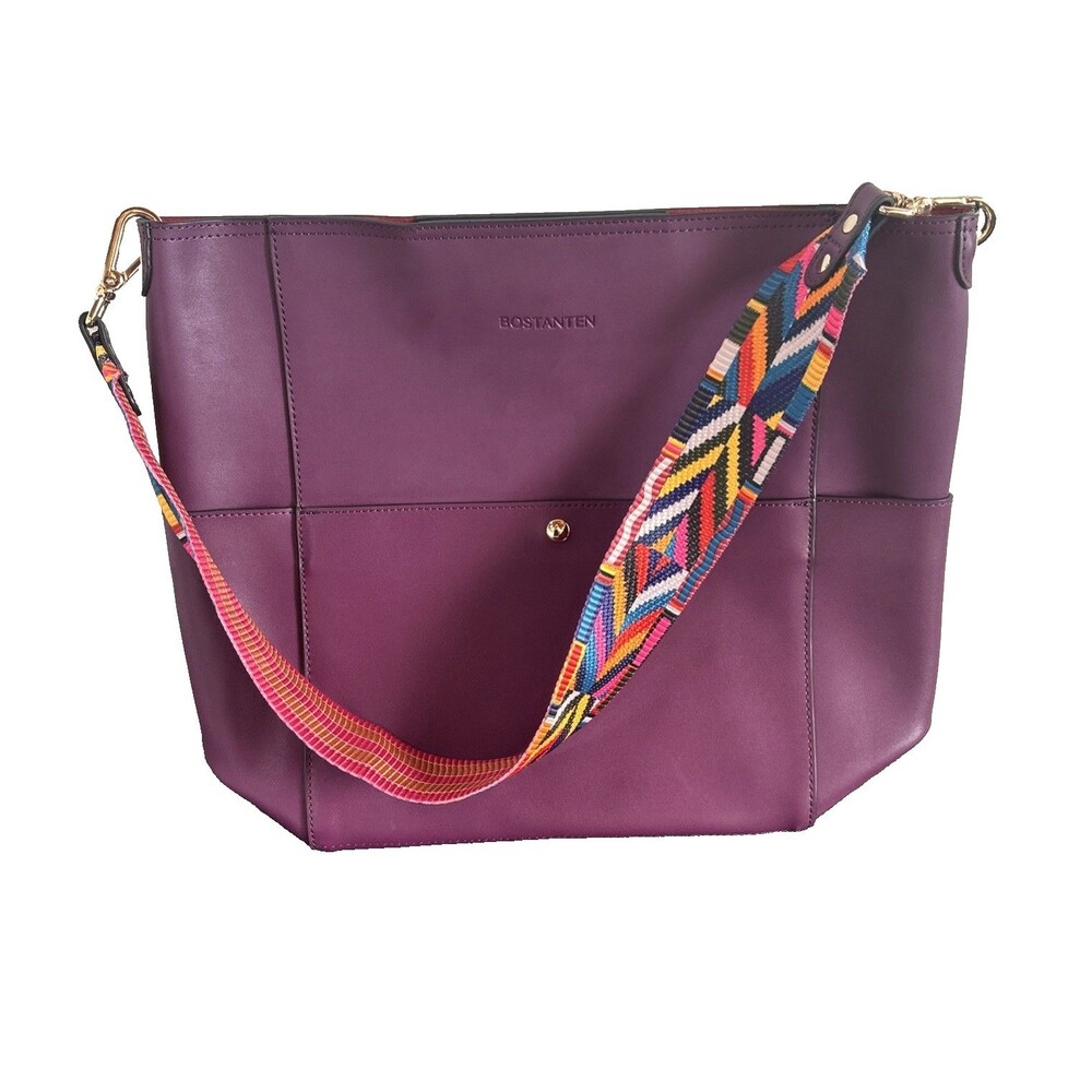 BOSTANTEN Lotty Purple Plum Leather Bucket Bag Hobo Vibrant Woven Strap Tote